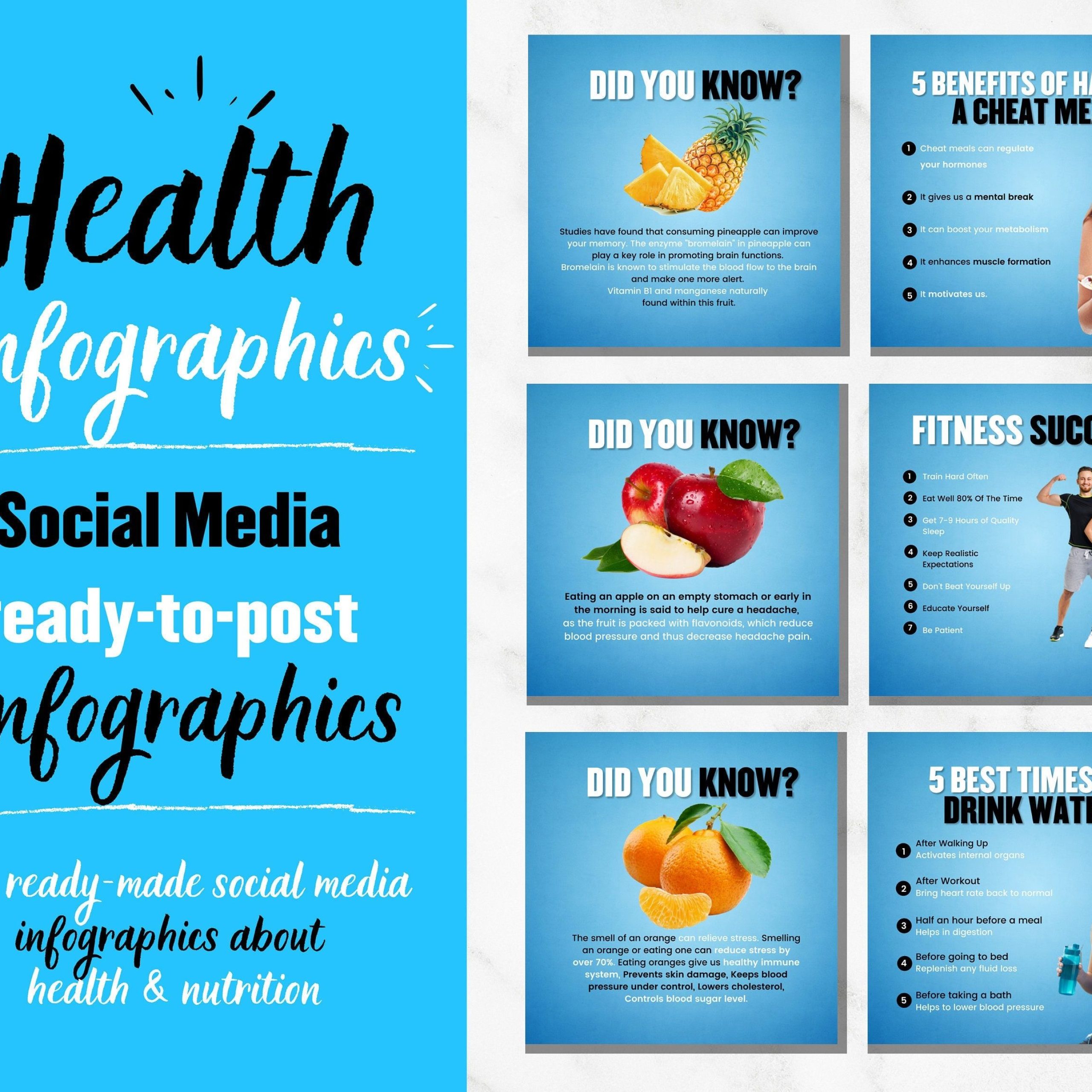 100 Nutrition Infographics, Health Infographics, Fitness Infographics, nutrition facts, fitness, nutrition, health, instagram post, template