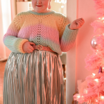 A Pastel Rainbow Outfit for Christmastime featuring the Jovie Tie-Dye Sweater from Anthropologie and a plus size Pleated Metallic Skirt from Ulla Popken.