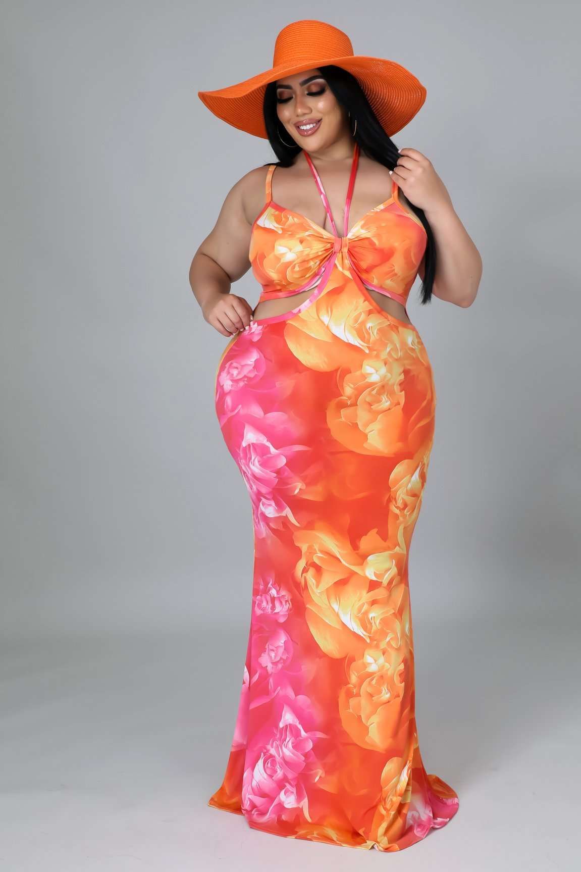 Fasheabe Stretch Sleeveless Floral Maxi Dress - 3XL / Orange