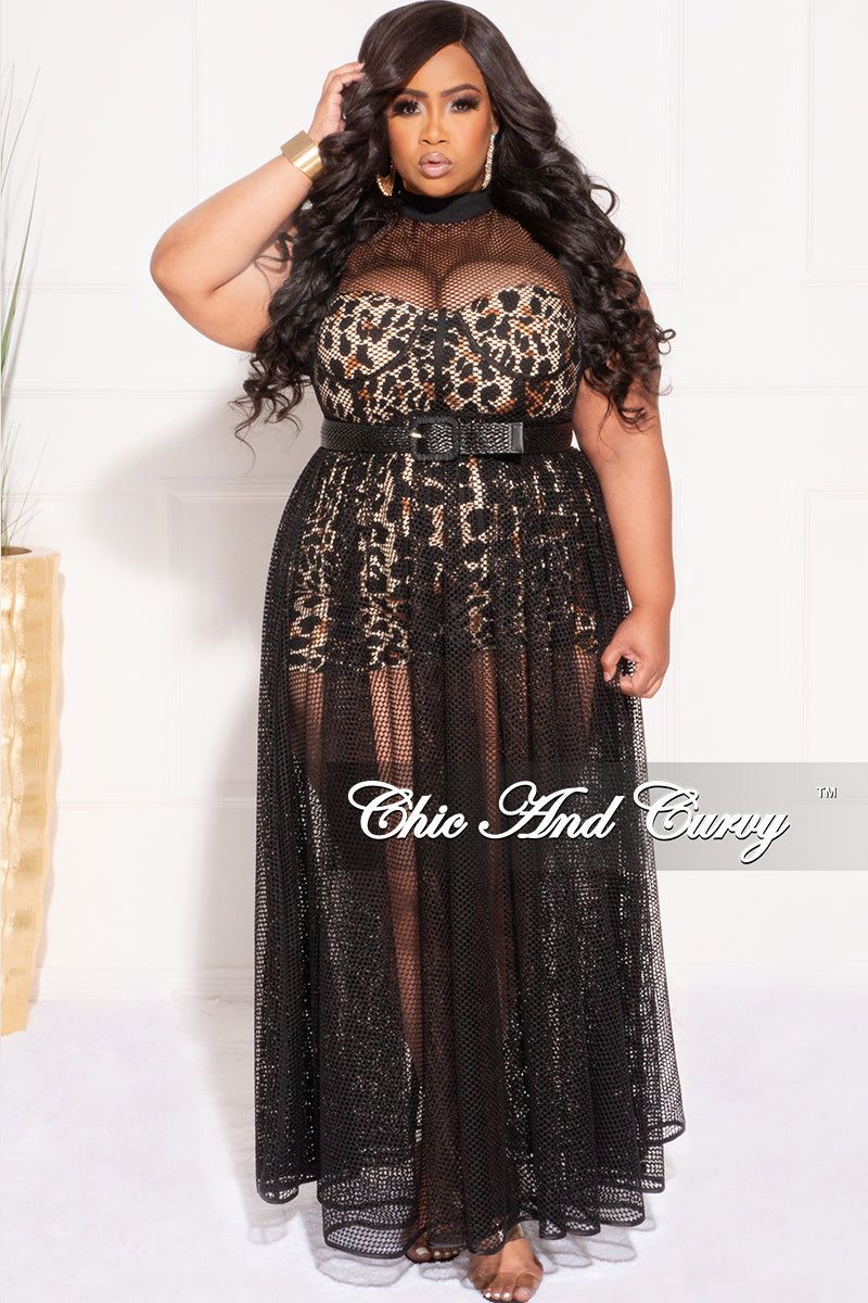 Final Sale Plus Size 2pc Black Net Dress with Animal Print Romper - S 2/4