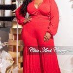 Final Sale Plus Size 2pc Long Sleeve Crop Tie Top and 3-Layer Pants Set in Red Glitter - 2x 14/16