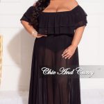 Final Sale Plus Size Off the Shoulder Mesh Ruffle Bodysuit Dress with Double Slits in Black - 1x 10/12