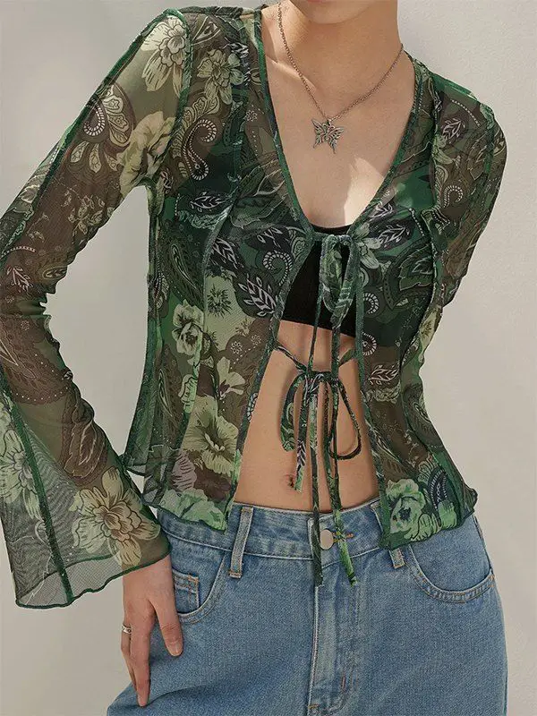 Paisley Green Cardi Mesh Peplum Top.