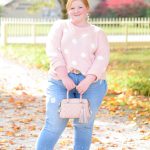Pastels, Polka Dots, and Pearls for Fall: a plus size autumn outfit with the Lane Bryant Fast Lane Furry Dot Sweater and Eloquii Distressed Pearl Hem Jeans.
