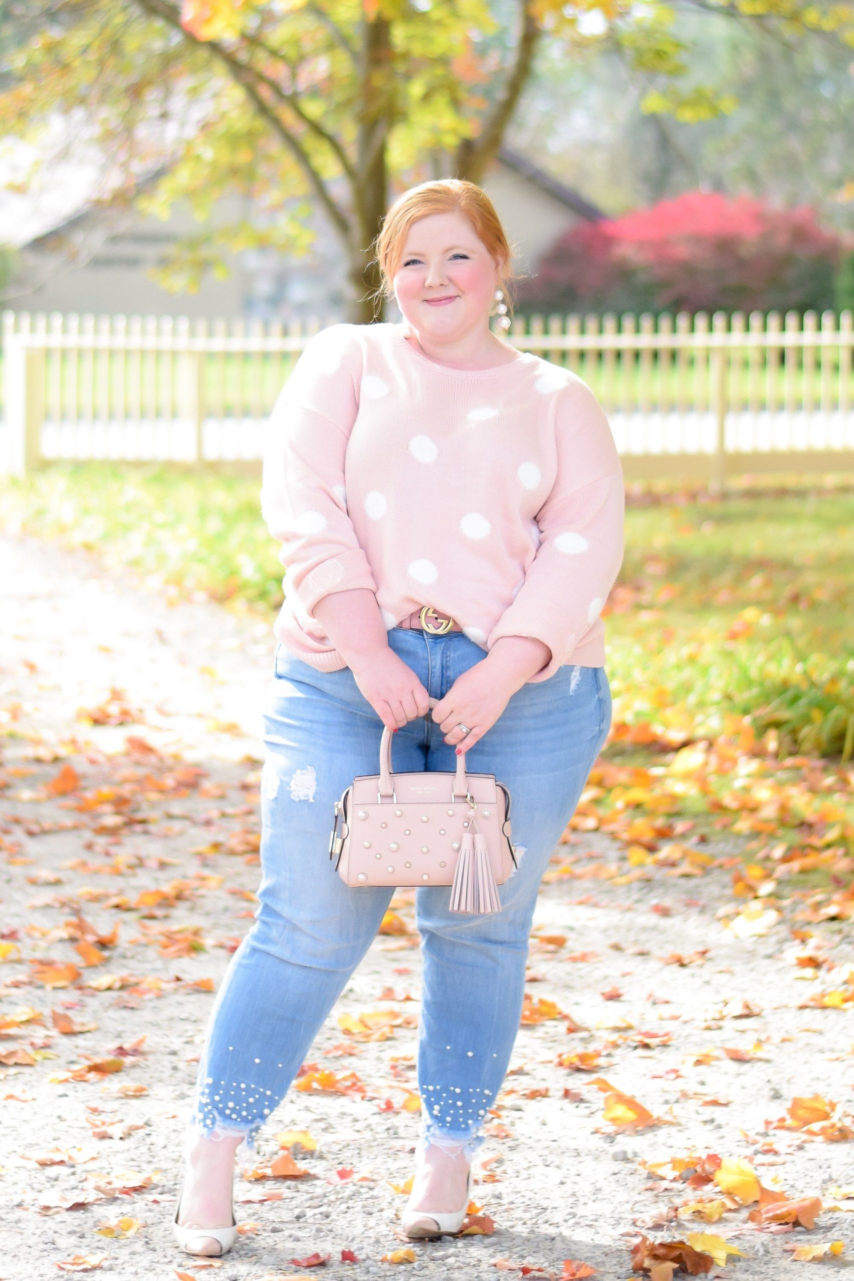 Pastels, Polka Dots, and Pearls for Fall: a plus size autumn outfit with the Lane Bryant Fast Lane Furry Dot Sweater and Eloquii Distressed Pearl Hem Jeans.