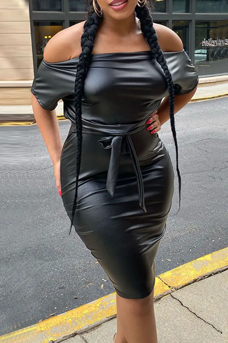 Plus Size Fashion Sexy Solid Split Joint Frenulum Off the Shoulder Short Sleeve Dress - Black / XL