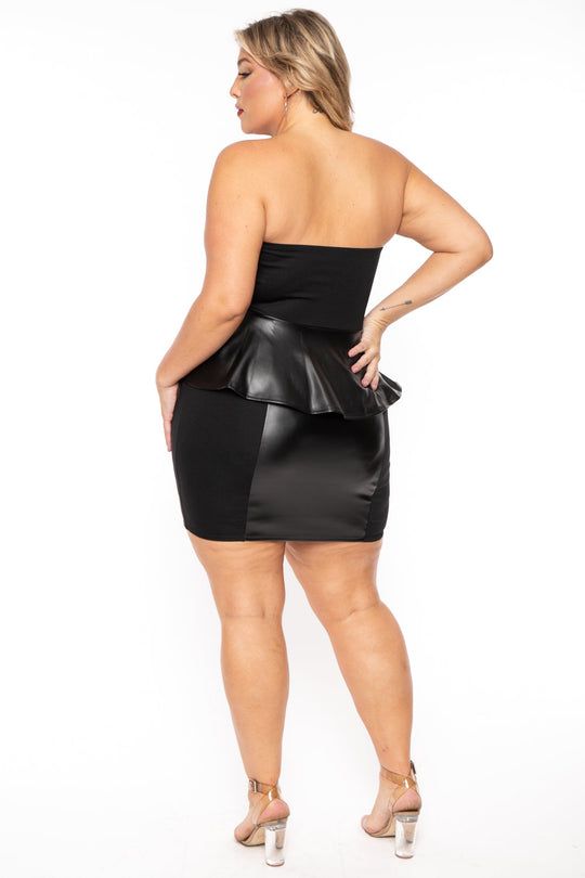Plus Size Faux Leather Damsel Dress - Black
