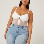 Plus Size Mesh Hook and Eye Bodysuit - White / 1XL