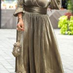 Plus Size Plain Dresses Long Sleeve High Waist Maxi Dress - Golden / 2XL/16-18