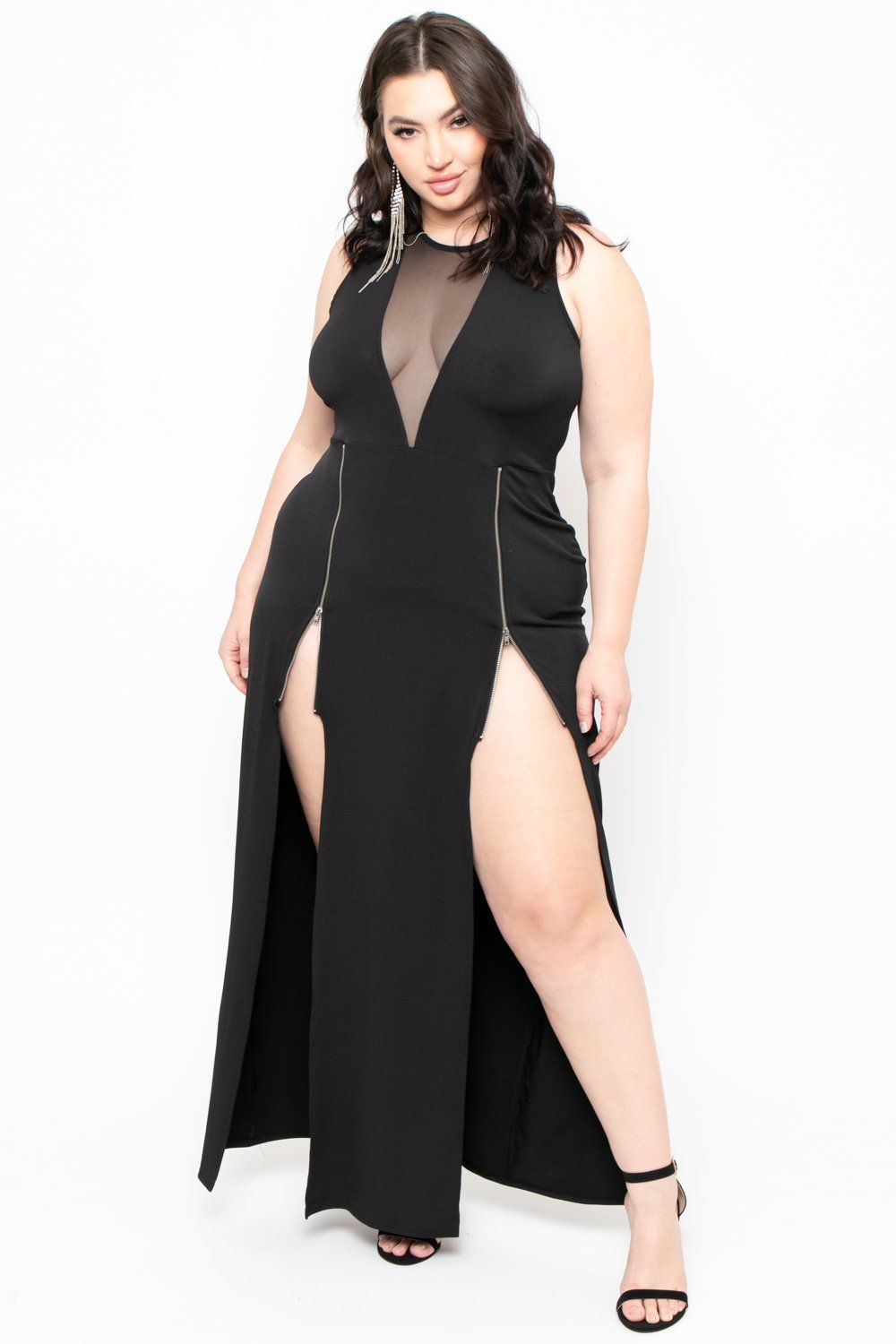 Plus Size Zipper Slit Dress - Black - 3X / Black