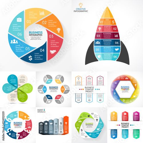 Vector circle infographic set. Business diagrams, arrows graphs, linear presentations, idea cycle charts. Data options, parts, 6 steps.