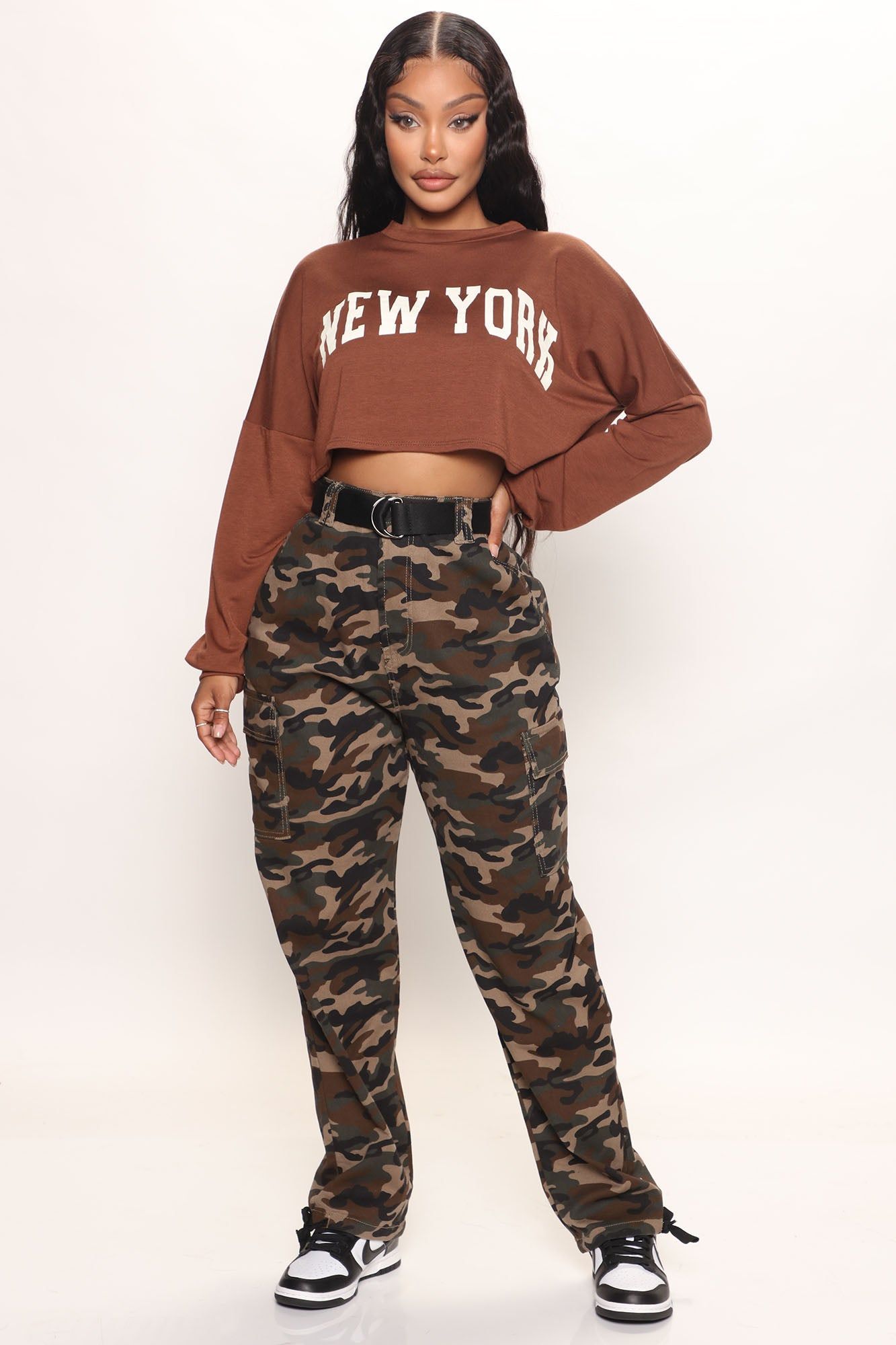 Women's New York Cropped Long Sleeve Top in Brown Size XS by Fashion Nova