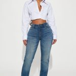 Women's Stay Authentic Stretch Slit Straight Leg Jeans in Medium Blue Wash Size 5 by Fashion Nova