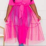 Xpluswear Plus Size Casual Hot Pink Solid Shirt Stitching Mesh Tulle See-through Maxi Dresses