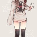 anime girl drawing, colourful drawing, long black socks, beige blouse, brown hai...,