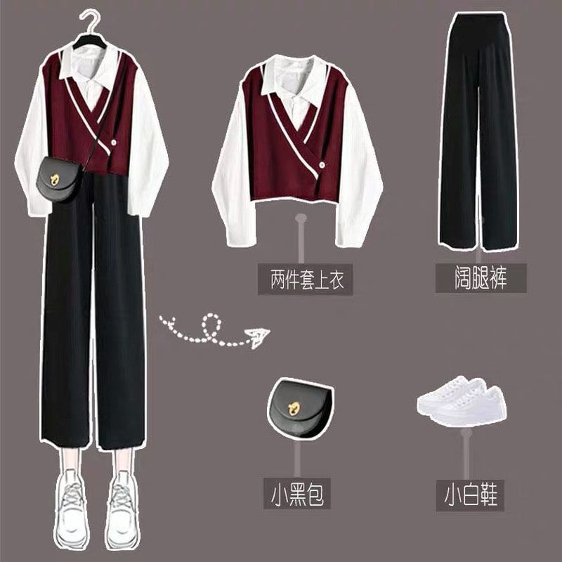 Anokhinaliza 2021 spring autumn women's fashion wide-leg pants suit short girl aesthetic shirt vest three-piece set/single warm streetwear - Black vest shirt / L / China