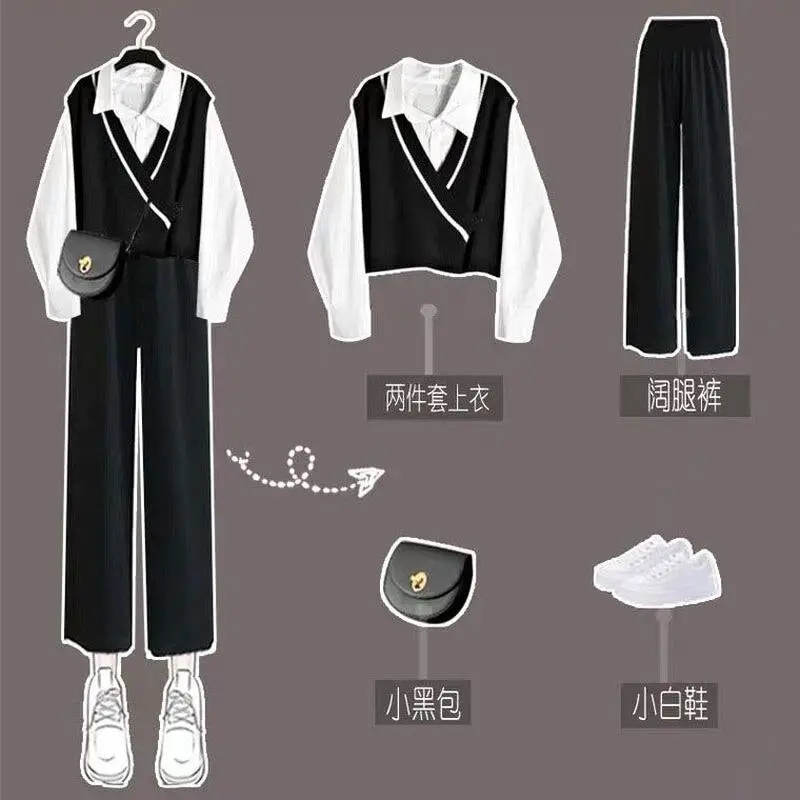 Anokhinaliza 2021 spring autumn women's fashion wide-leg pants suit short girl aesthetic shirt vest three-piece set/single warm streetwear - Black vest shirt / M / China