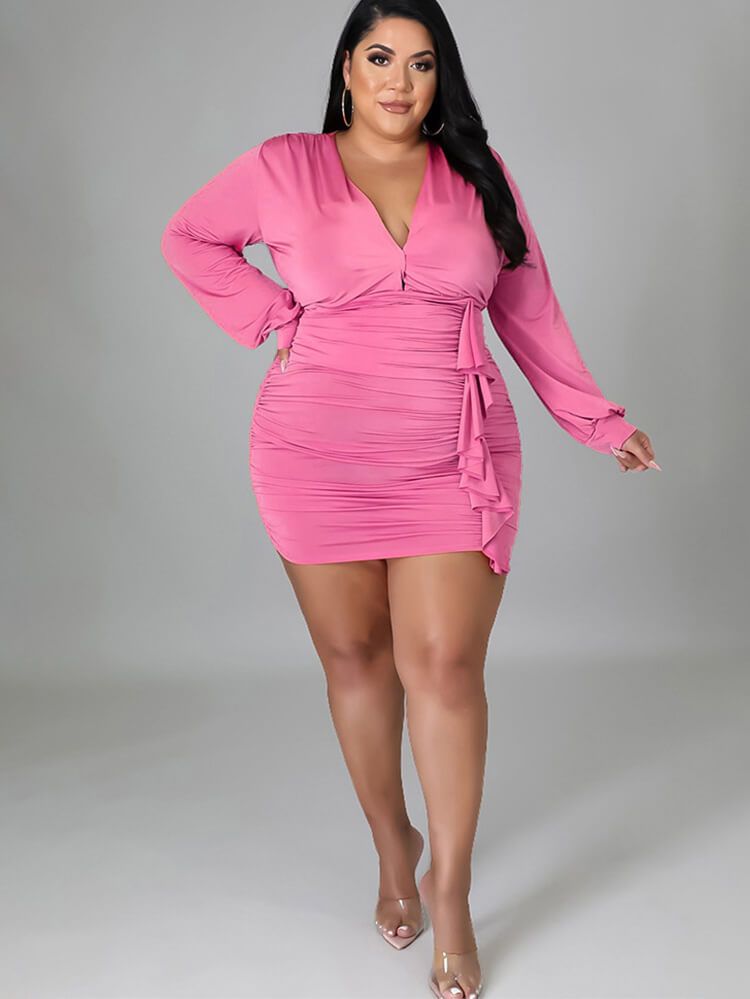 Plus Size Long Sleeve Ruched Bodycon Mini Dresses - Pink / XL