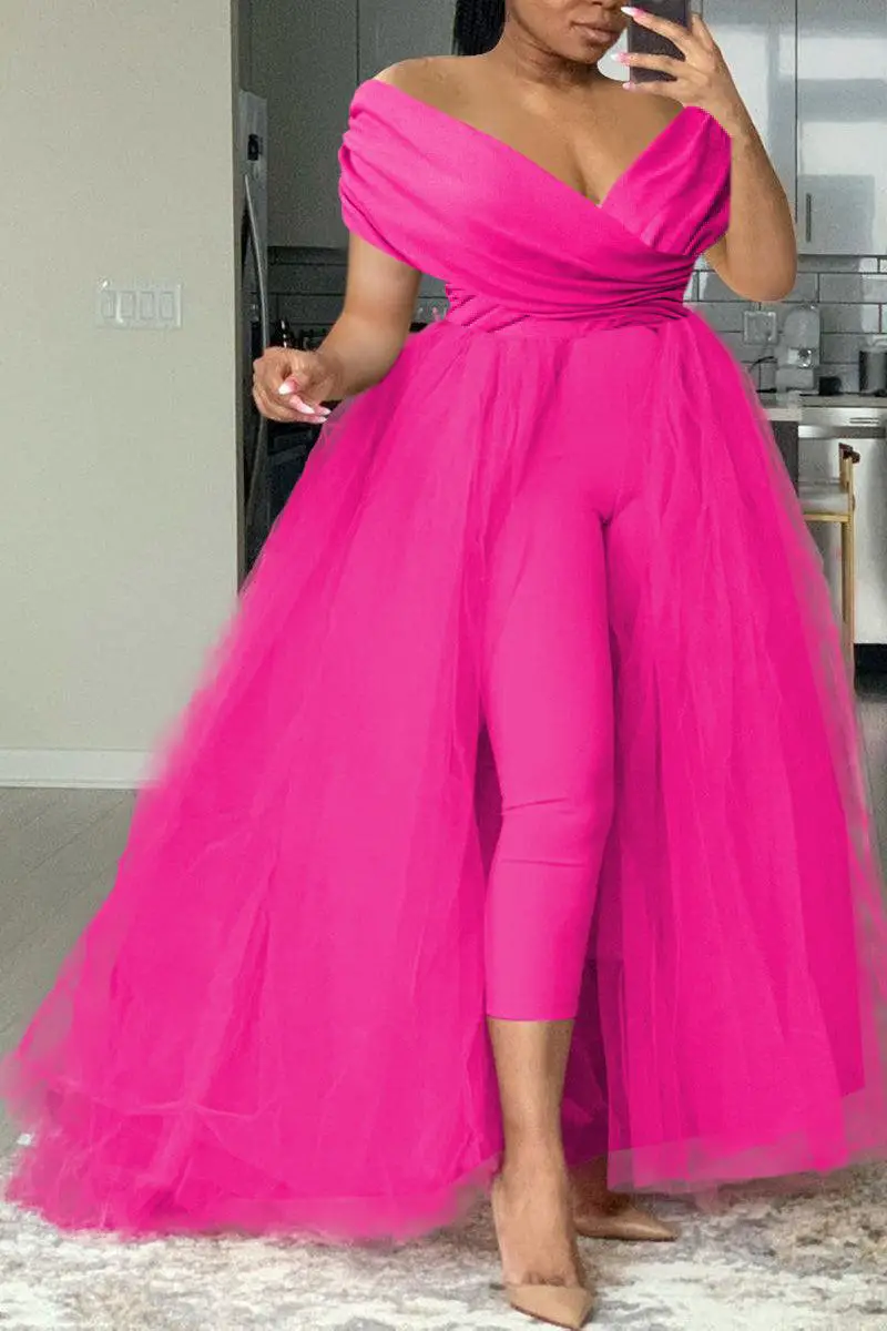 Xpluswear Plus Size Formal Casual Black Off The Shoulder V Neck Tulle Jumpsuit (With Tulle Skirts) Hot Pink-5XL/28