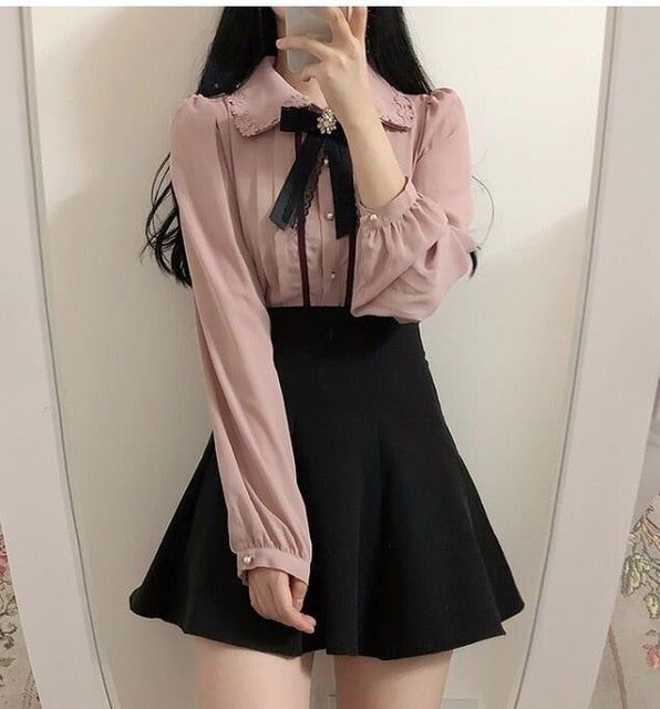2021  Spring Women's Cute Tops Preppy Style Vintage Japaneses Korea Design Button Elegant Formal Shirts Blouses Pink White 12020 - Pink / M