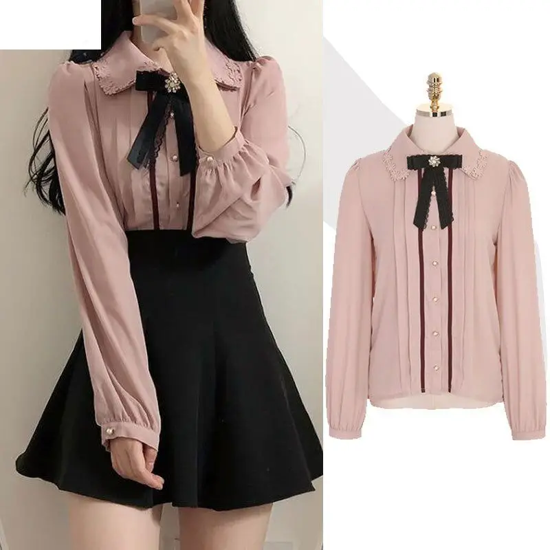 2022 Spring Women's Cute Tops Preppy Style Vintage Japaneses Korea Design Button Elegant Formal Shirts Blouses Pink White 12020 - beige / XL