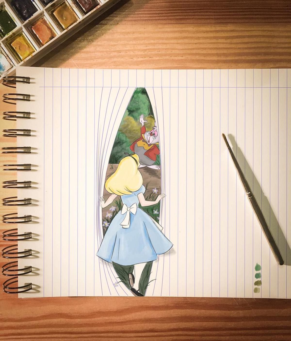 Cet illustrateur joue avec les lignes des cahiers pour donner vie aux personnages Disney