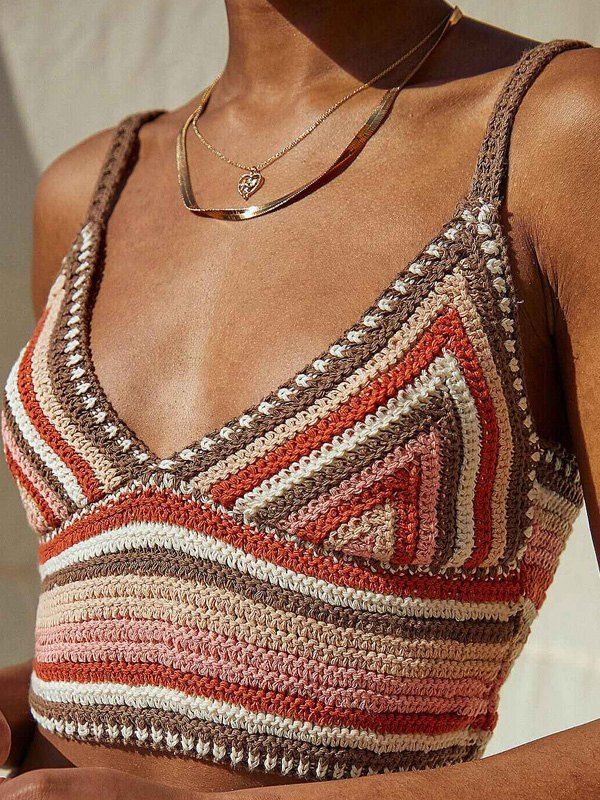 Crochet Knit Stripe Crop Cami Top