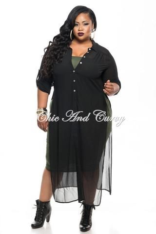 Final Sale Plus Size Long Sheer Kimono with Button Front in Black