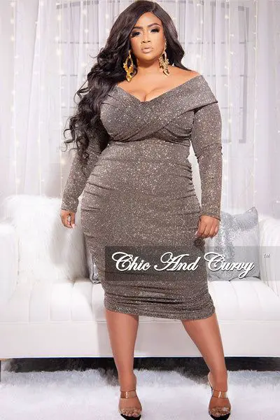 Final Sale Plus Size Off the Shoulder Criss-Cross BodyCon with Ruched Sides in Gold Glitter