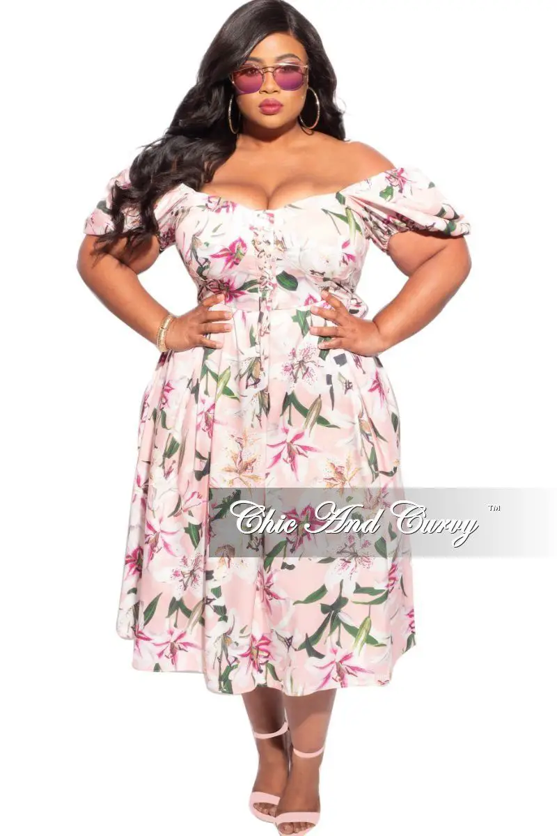 Final Sale Plus Size Off the Shoulder Dress in Pink & White Floral Print - 1x 14/16
