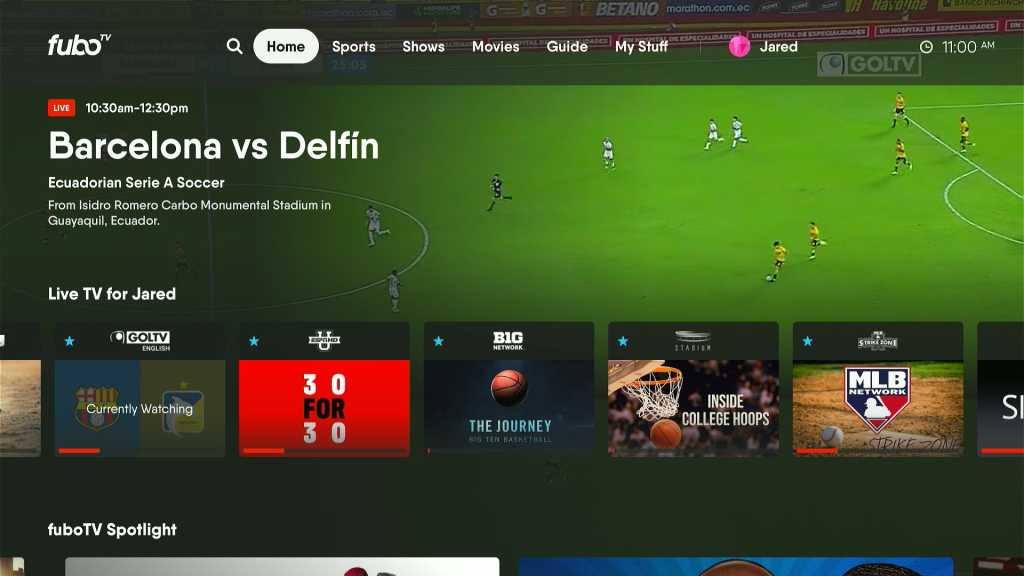 FuboTV home screen with navigation tabs and live TV channels
