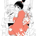 Ogiue from Genshiken sitting in front of a drawing desk in a rabbit-themed kimono with blank comic pages around her.