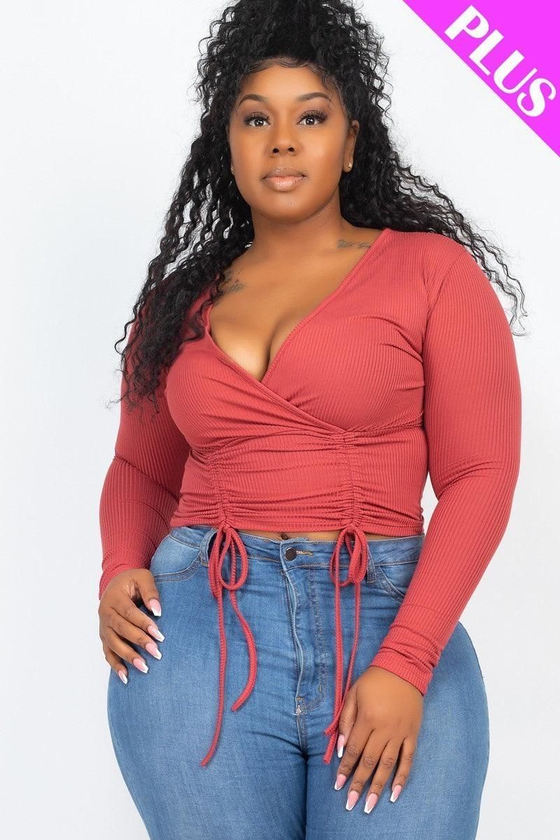 Long sleeve Plus Size Shirred Cropped Top - Orchid / 1XL