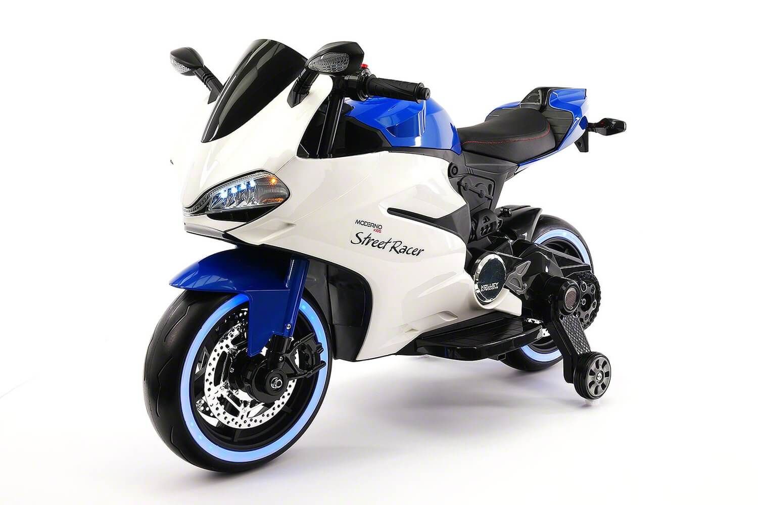 Motorcycle 12V Kids Ride-On LED Lights, MP3, AUX, Training Wheels - Blue