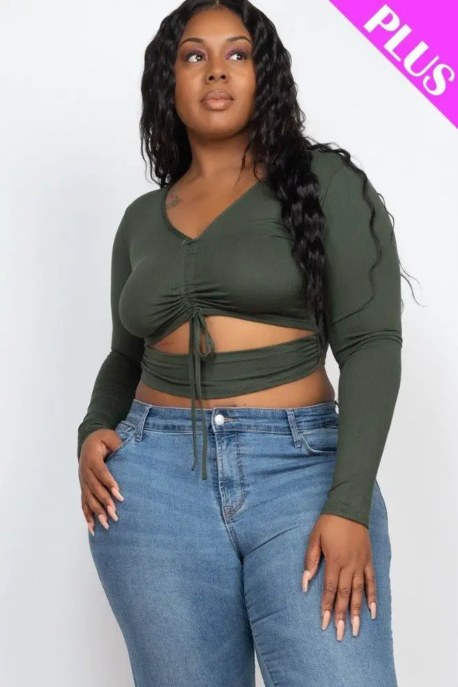 Plus Size Drawstring Ruched Cutout Crop Top - Olive / 1XL