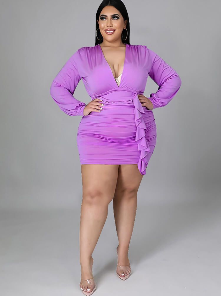 Plus Size Long Sleeve Ruched Bodycon Mini Dresses - Pink / 4XL