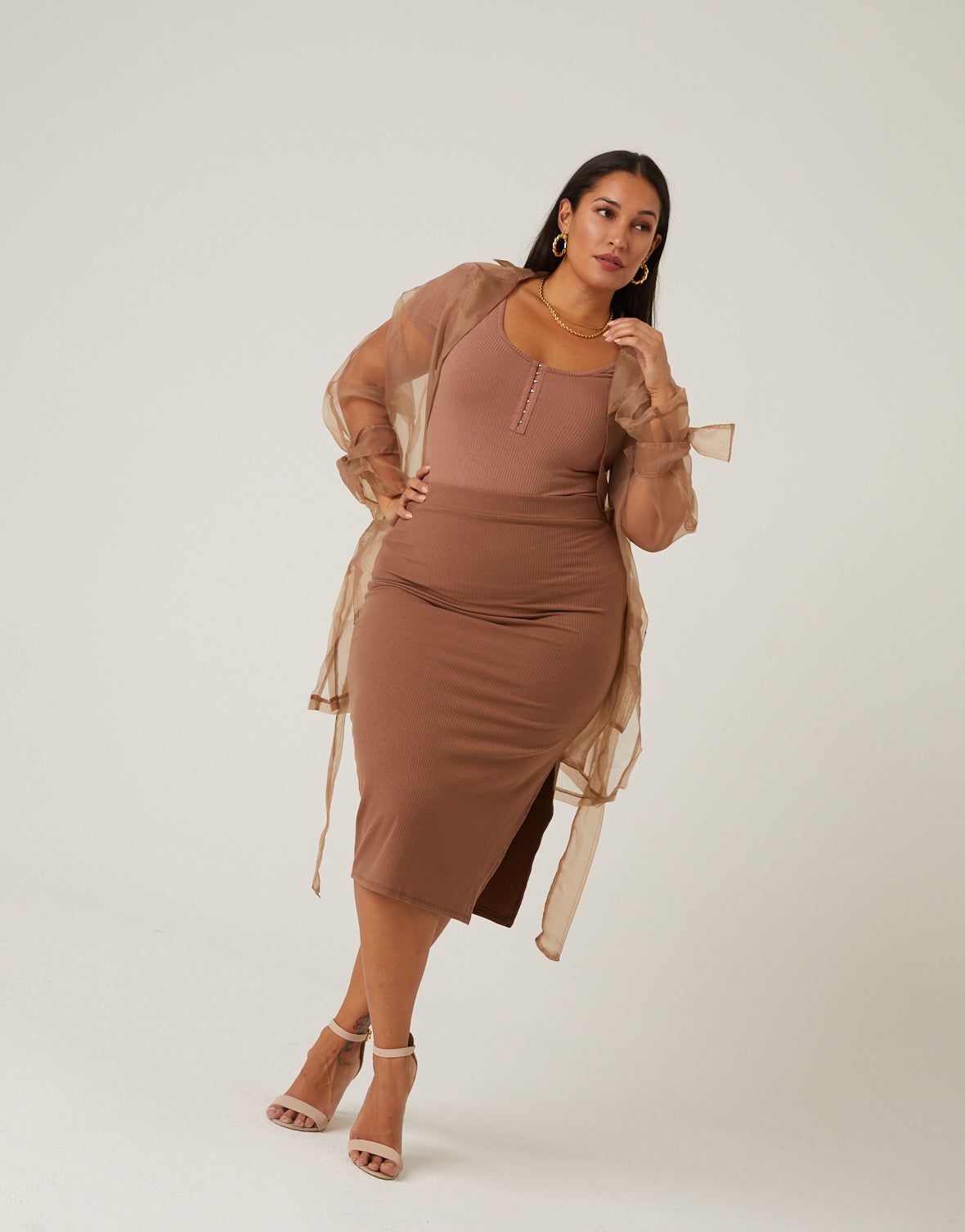 Plus Size Sheer Belted Cardigan - Taupe / 1XL