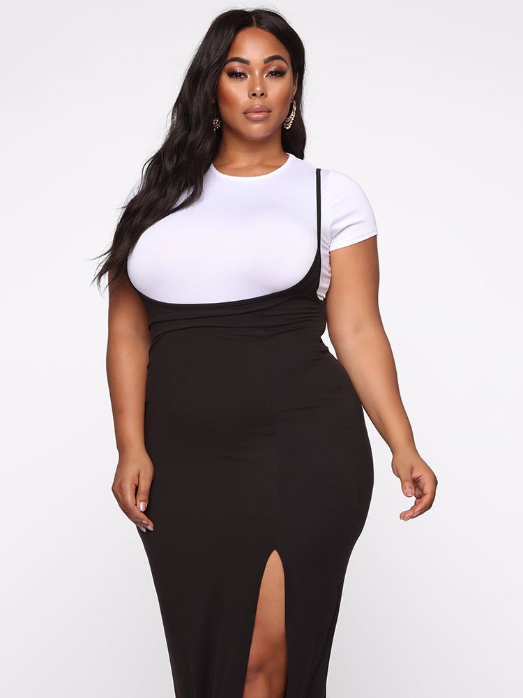 Plus Size Two Piece Split Sling Maxi Dress Sets - Black / XL