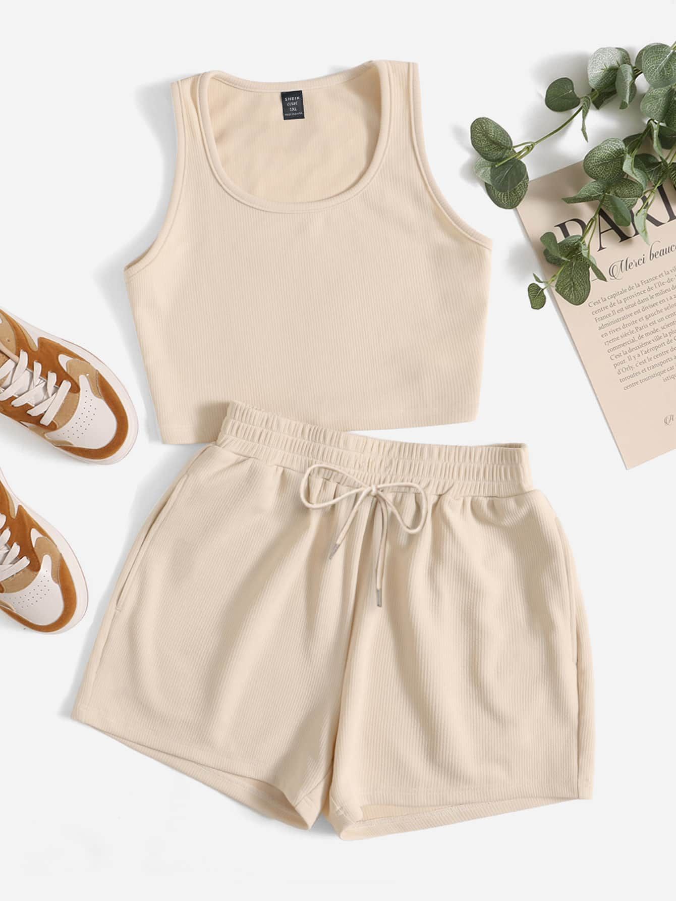 Plus Solid Tank Top & Track Shorts Set
