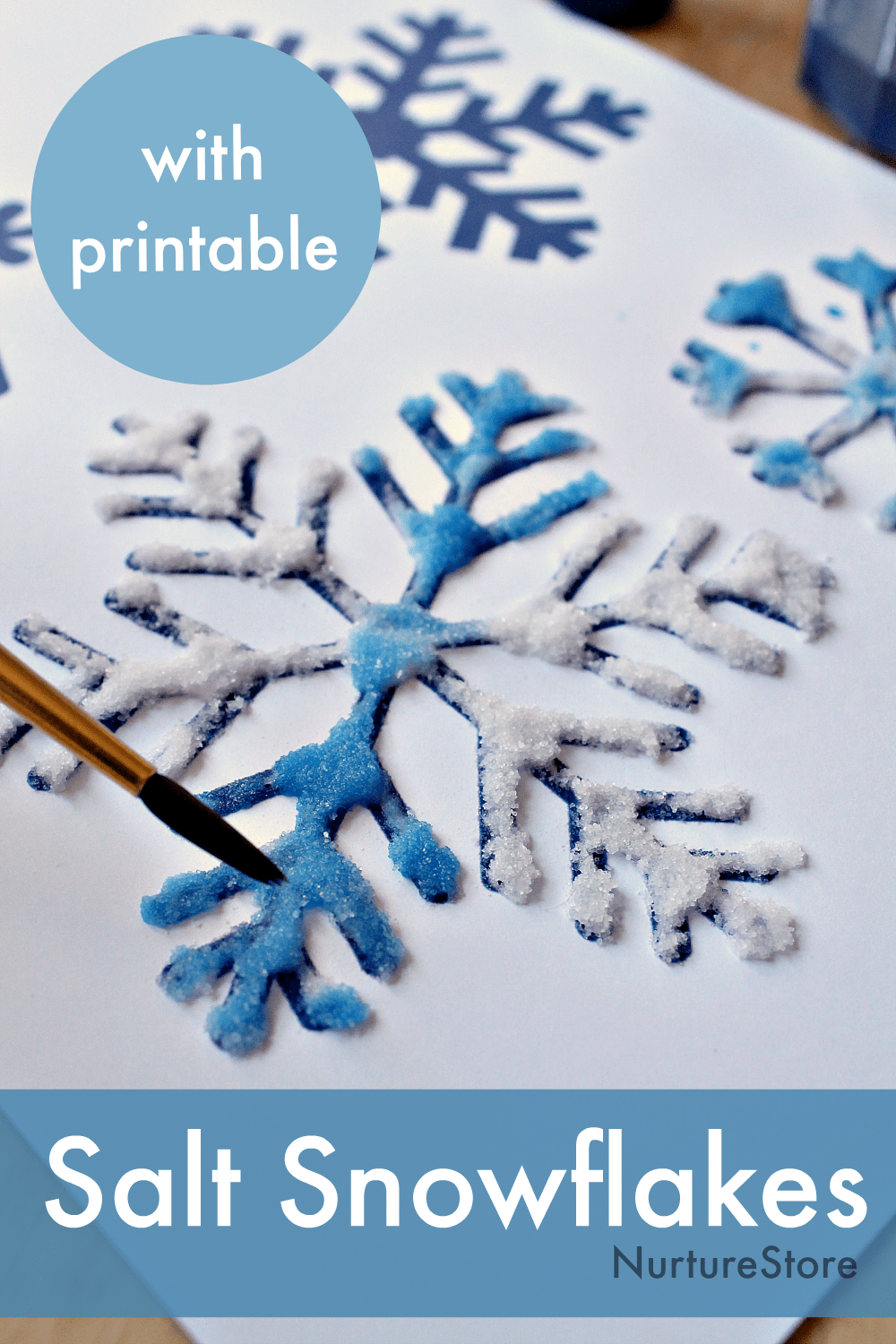 Salt, glue and watercolor painting to make snowflake art - NurtureStore