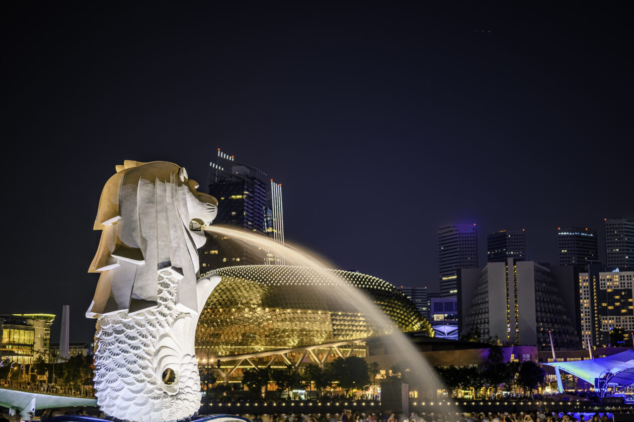 Merlion statue fountain in Merlion Park and Singapore city skyline at night.