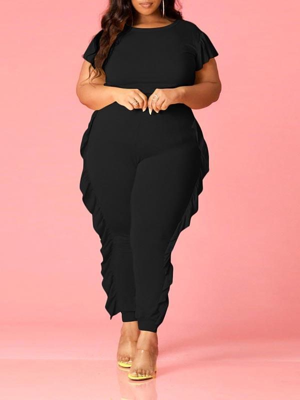Women Plus Size Solid Color Crew Neck Long Sleeve Casual Pant Sets - 20W / Black