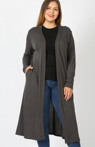 Womens Cardigan With Pockets, Long Gray Cardigan Duster - 1X / Gray