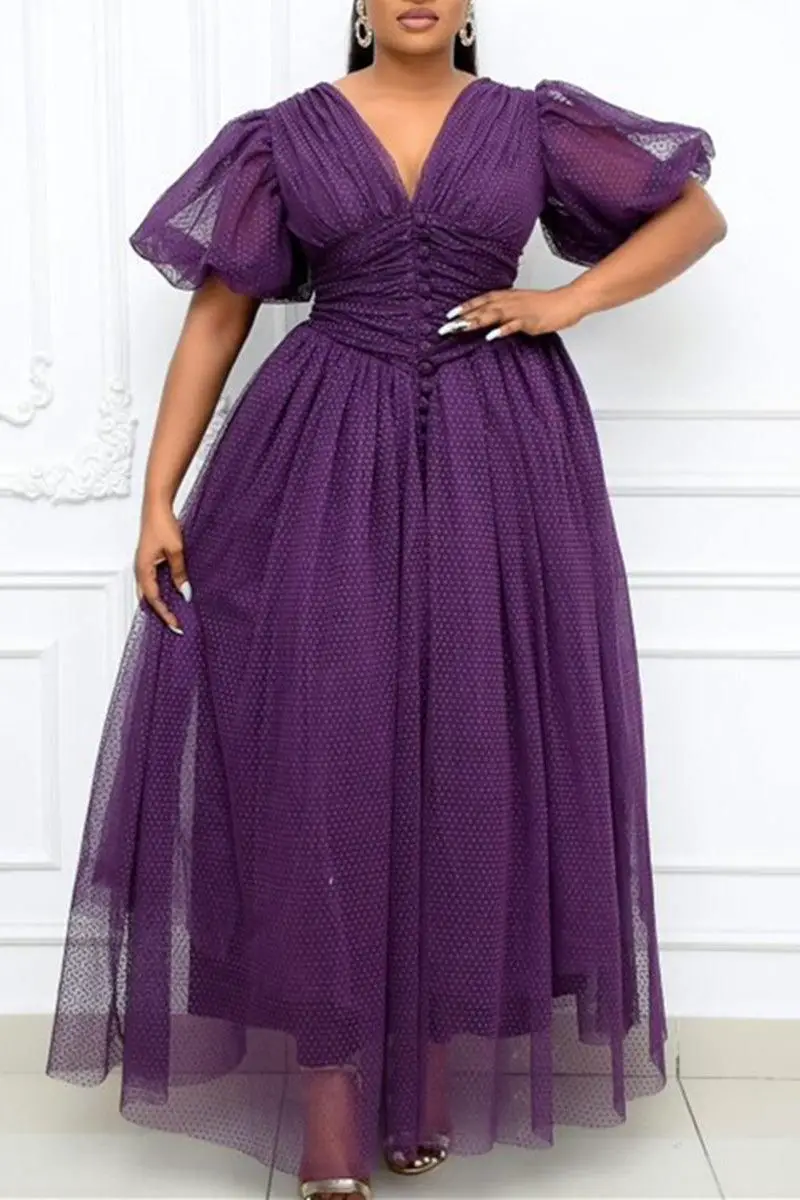 Xpluswear Plus Size Elegant Lace Sheer Polka Dot A-line Puff Sleeve Retro Maxi Dress