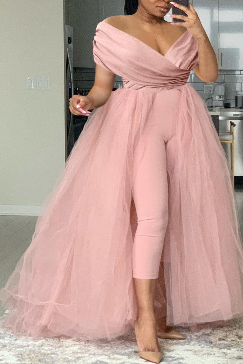 Xpluswear Plus Size Formal Casual Black Off The Shoulder V Neck Tulle Jumpsuit (With Tulle Skirts) Pink-5XL/28