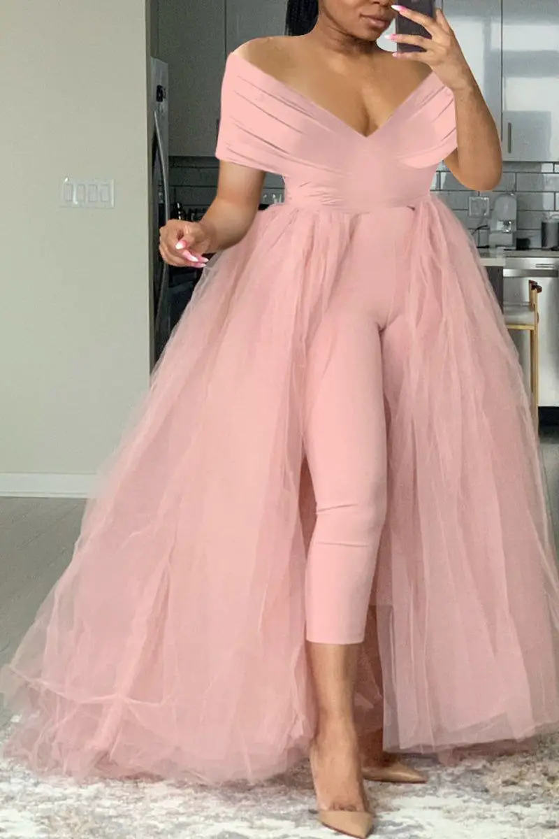 Xpluswear Plus Size Formal Casual One Piece Outfit Solid Off The Shoulder V Neck Tulle Jumpsuit Romper (With Tulle Skirts)