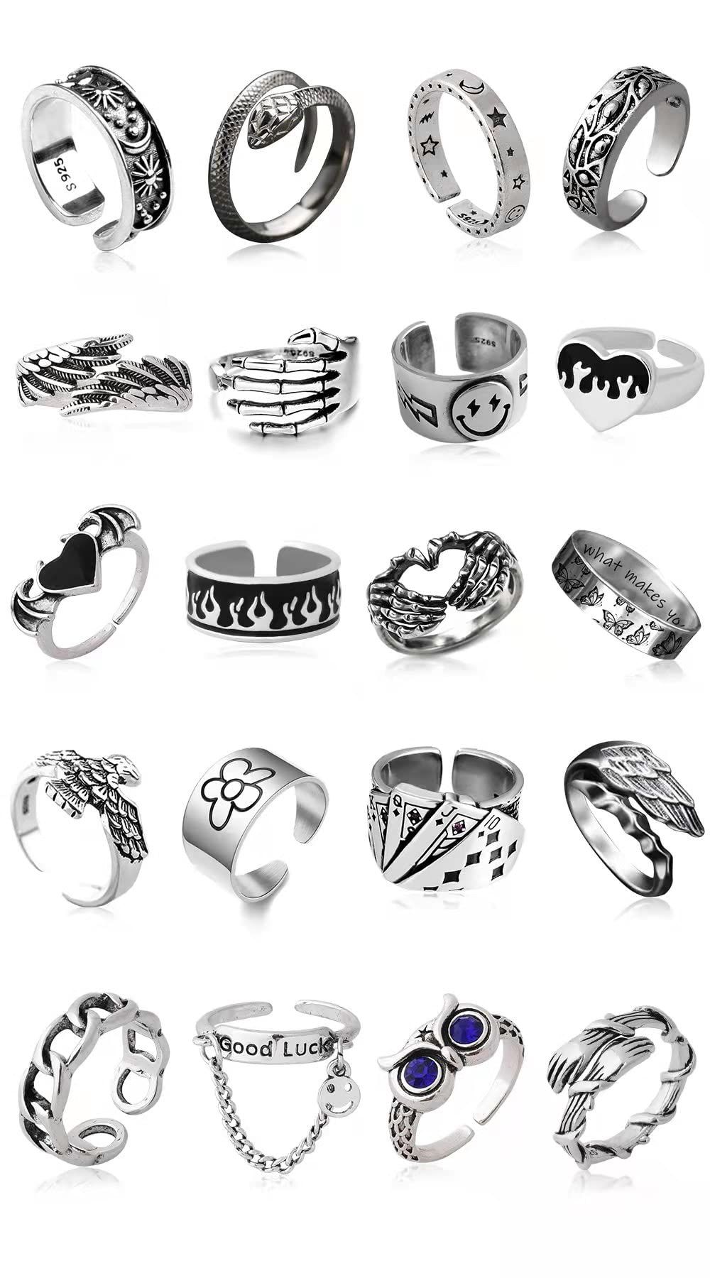 20 Pcs Silver Plated Rings Set, Cute Open Rings Pack, Vintage Goth Y2k Adjustable Rings, Cute and Cool, Flame, Snake, Hug, Smiley Face, Moon and Sun Rings for Couples, Gift for Women Men Girls