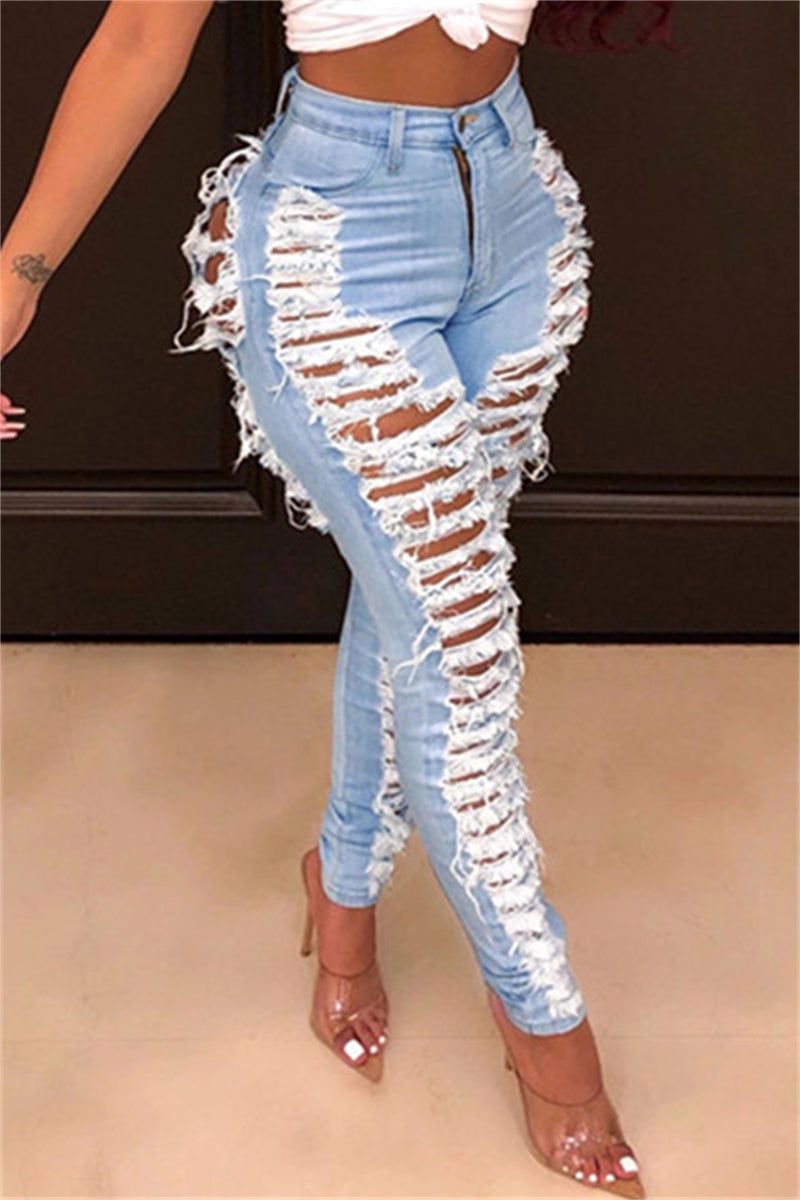 Fashion Casual Solid Ripped High Waist Skinny Denim Jeans - Baby Blue / 3XL