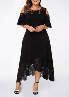 Plus Size Black Cold Shoulder Lace Trim Asymmetrical Hem Dress ROTITA Plus Size Lace Stitching Cold Shoulder Dress