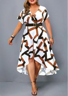 Plus Size Dresses ROTITA Geometric Print Asymmetric Hem Plus Size Dress